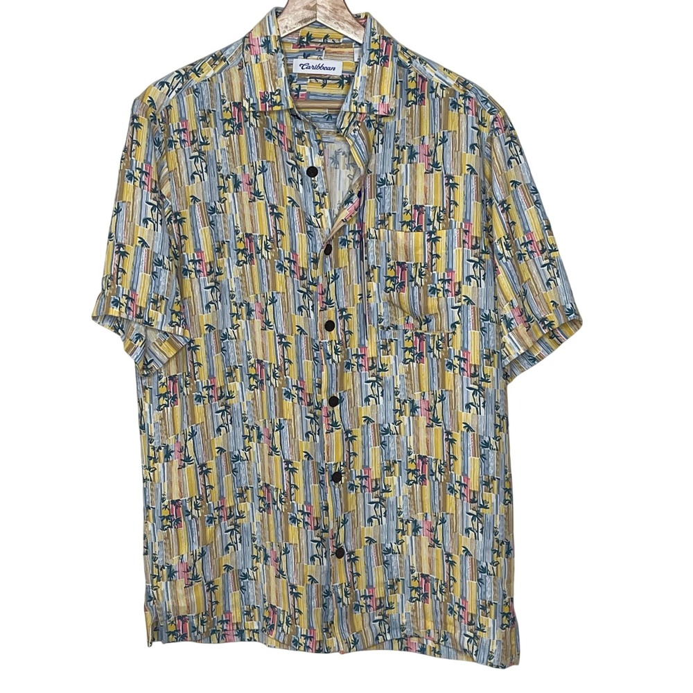 Caribbean Mens Small Tropical Palm Geo Modal Button Up Vacation Resort Shirt NWT